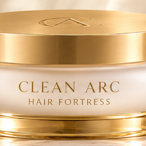 Hair Fortress signature low-profile ivory Hair Butter jar with Pure Gold Light lid.